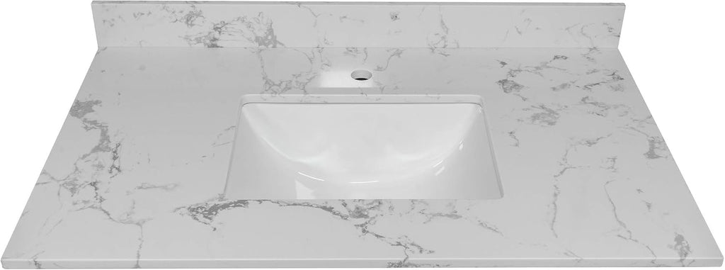 Runboll 37 x 22 inch Vanity Top Artificial Marble Stone Bathroom Vanity Sink Top Double Rectangle Under-mount Ceramic Sink with Single Faucet Holes and 1 Backsplash