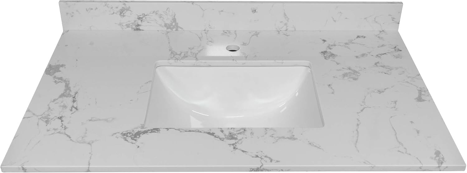 Runboll 37 x 22 inch Vanity Top Artificial Marble Stone Bathroom Vanity Sink Top Double Rectangle Under-mount Ceramic Sink with Single Faucet Holes and 1 Backsplash