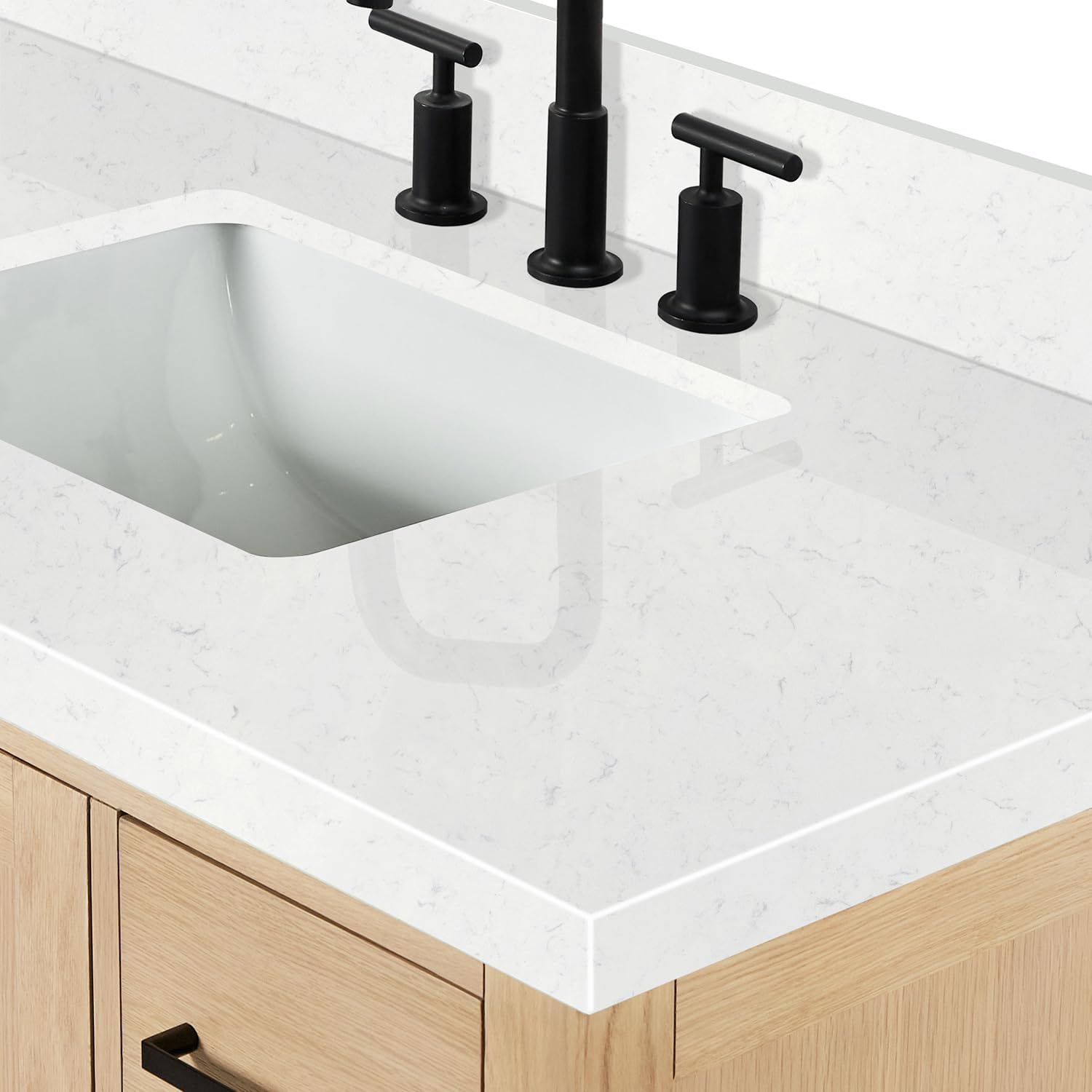 ARIEL Cambridge 42-inch Bathroom Vanity with Sink,Solid Wood, 1.5-inch Carrara White Quartz Countertop, Single Rectangular Porcelain Sink, 2 Soft Closing Doors, 9 Dovetail Drawers, White Oak