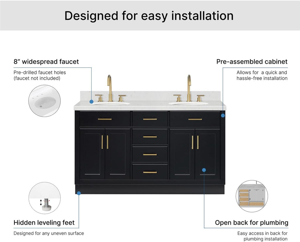 ARIEL Hepburn 60-inch Bathroom Vanity with Sink,Solid Wood, 1.5-inch Carrara White Quartz Countertop & Backsplash, Double Oval Porcelain Sink, 4 Soft Closing Doors, 6 Dovetail Drawers, Black