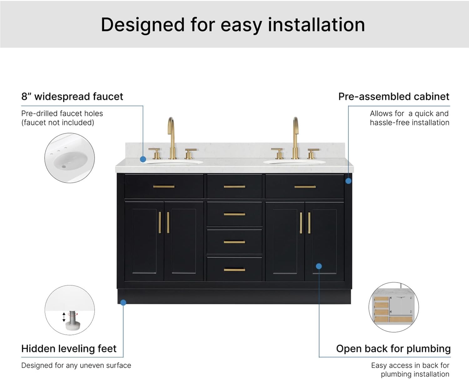ARIEL Hepburn 60-inch Bathroom Vanity with Sink,Solid Wood, 1.5-inch Carrara White Quartz Countertop & Backsplash, Double Oval Porcelain Sink, 4 Soft Closing Doors, 6 Dovetail Drawers, Black
