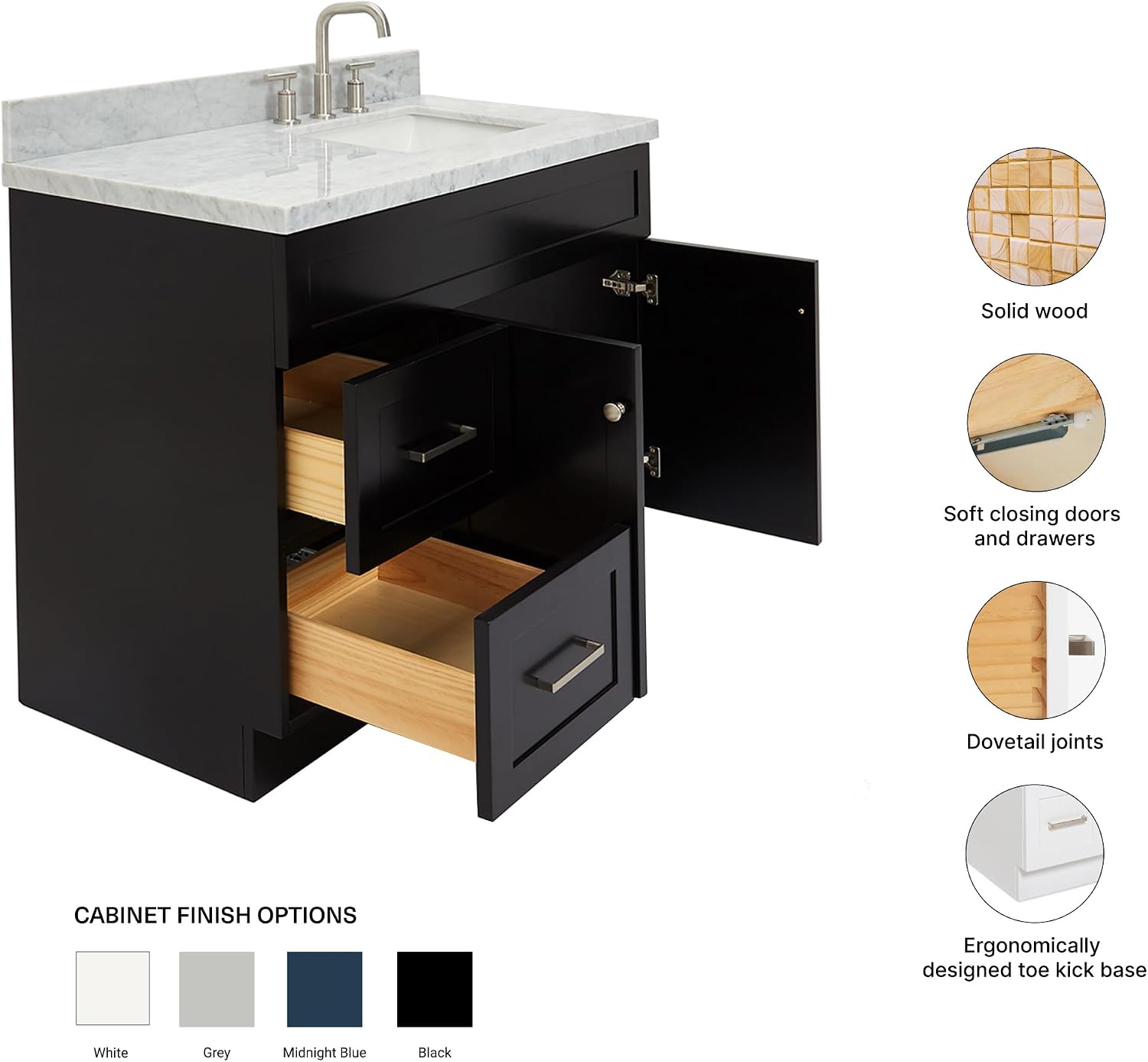 ARIEL Hamlet 42-inch Bathroom Vanity with Sink,Solid Wood, 1.5-inch Italian Carrara Marble Countertop, Single Rectangular Porcelain Sink, 2 Soft Closing Doors, 2 Dovetail Drawers, Black