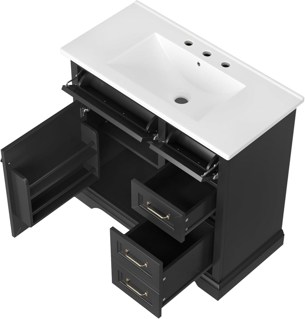 36' Bathroom Vanities Cabinet with Ceramic Sink Set Combo, Tip-Out Drawers, Storage Organizer Door Shelf, Soft-Closing Door, Black