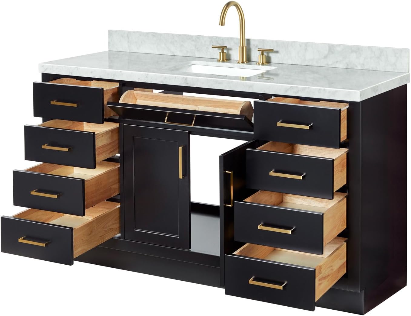 ARIEL Hepburn 60-inch Bathroom Vanity with Sink,Solid Wood, 1.5-inch Italian Carrara Marble Countertop, Single Rectangular Porcelain Sink, 2 Soft Closing Doors, 9 Dovetail Drawers, Black