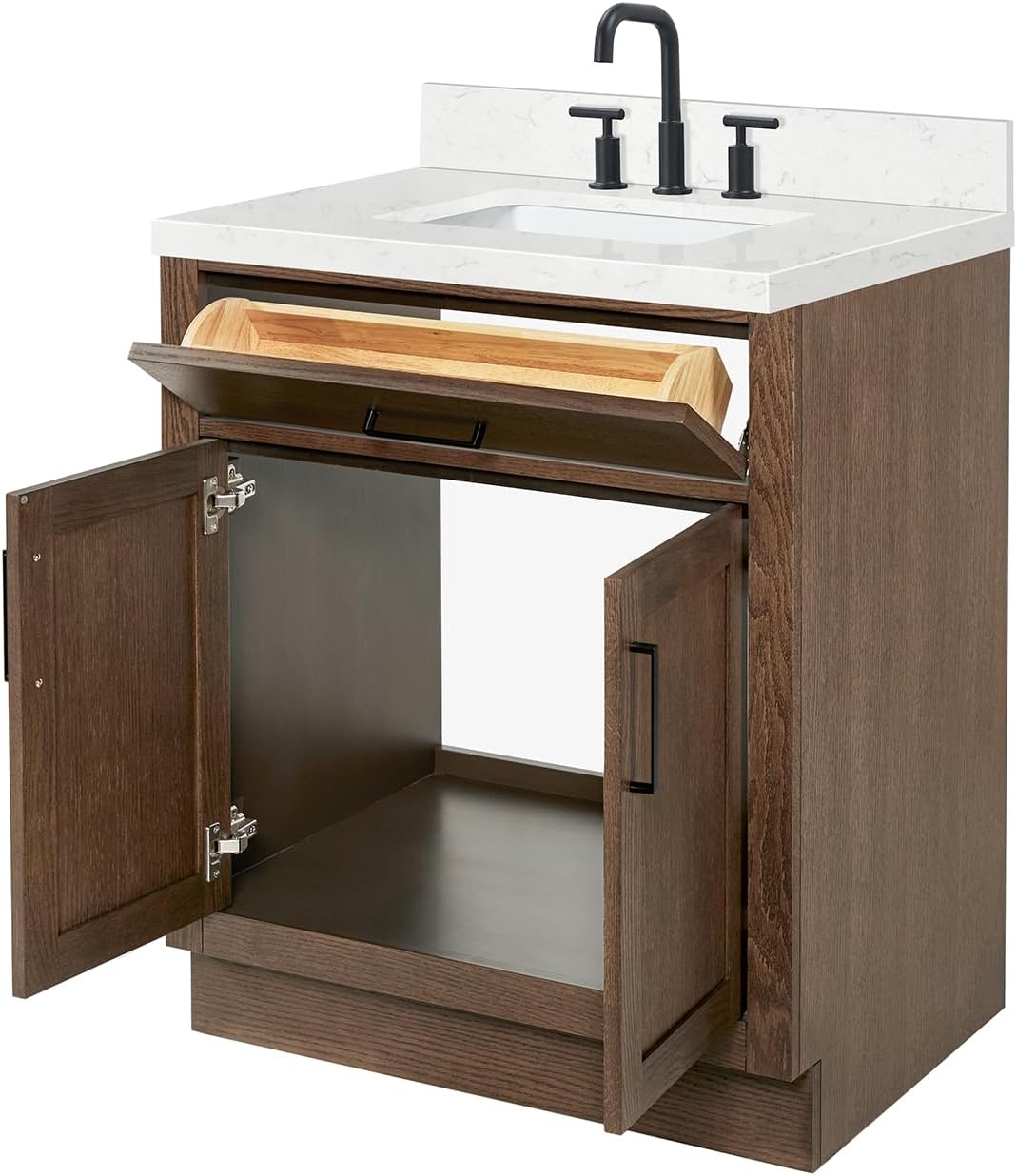 ARIEL Hepburn 30-inch Bathroom Vanity with Sink,Solid Wood, 1.5-inch Carrara White Quartz Countertop, Single Rectangular Porcelain Sink, 2 Soft Closing Doors, 1 Dovetail Drawers, Brown Oak