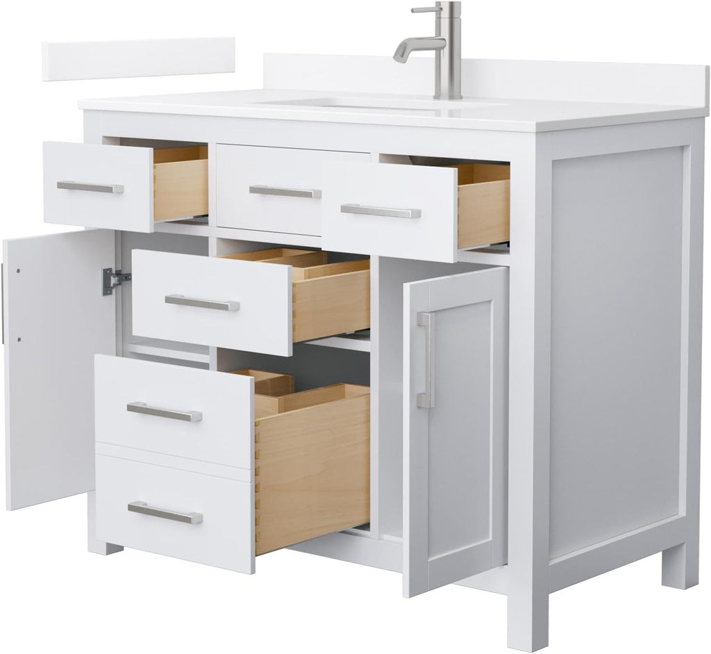 Wyndham Collection Beckett 42 Inch Single Bathroom Vanity in White, White Quartz Countertop, Undermount Square Sink (1-Hole), Brushed Nickel Trim