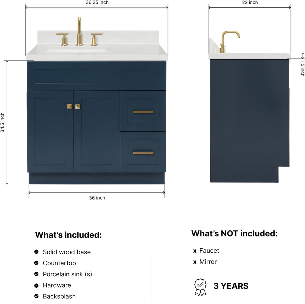 DKB Bradford 36' Midnight Blue Bathroom Vanity with Sink, 1.5' Edge Carrara Quartz Countertop, Rectangular Undermount Sink, 2 Soft-Closing Doors, 2 Dovetail Drawers