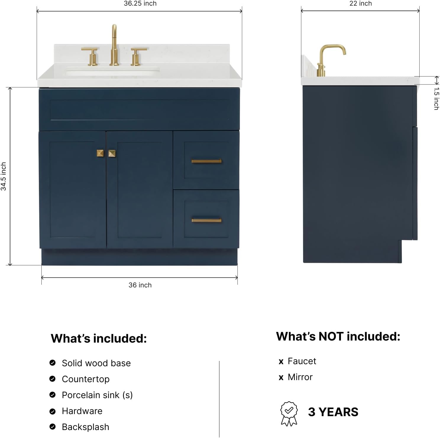 DKB Bradford 36' Midnight Blue Bathroom Vanity with Sink, 1.5' Edge Carrara Quartz Countertop, Rectangular Undermount Sink, 2 Soft-Closing Doors, 2 Dovetail Drawers
