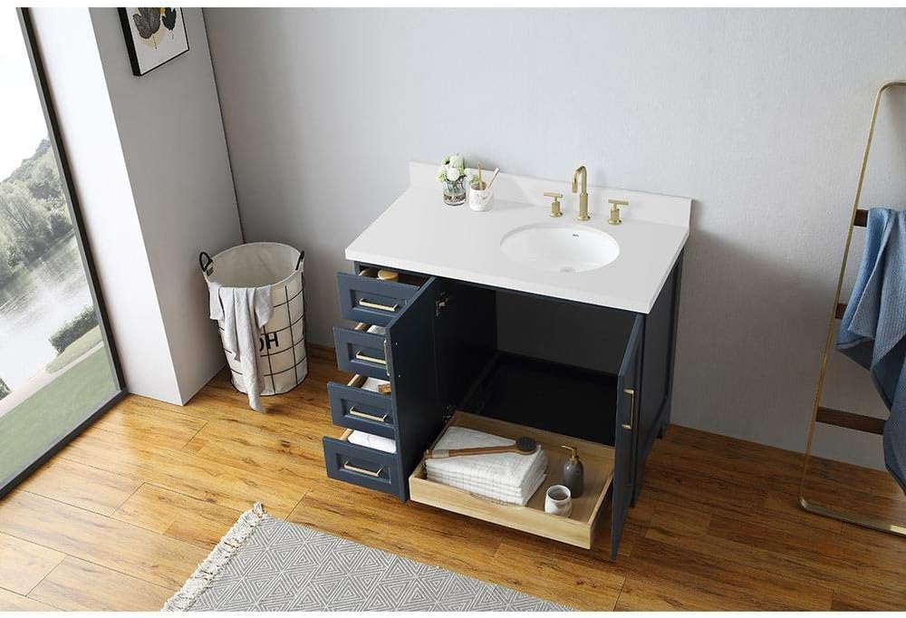 ARIEL Taylor 42-inch Bathroom Vanity with Sink,Solid Wood, 1.5-inch Pure White Quartz Countertop & Backsplash, Single Rectangular Sink, 2 Soft Closing Doors, 5 Dovetail Drawers, Midnight Blue