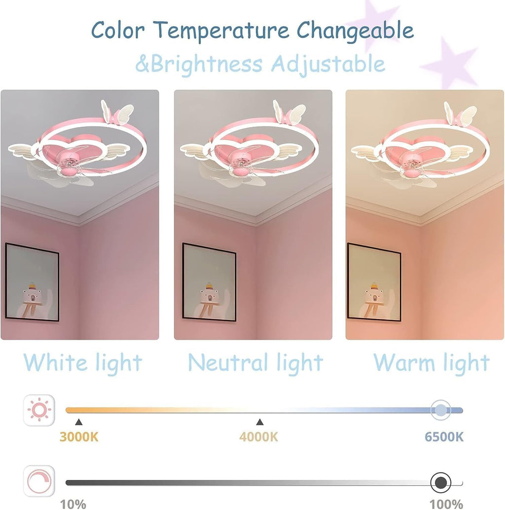Butterfly Ceiling Fan with Light Pink Ceiling Fan with Lights for Girls Room Heart Dimmable LED Fan Light with Remote Control Kids Ceiling Fan for Bedroom, 6 Speed Reversible Fan