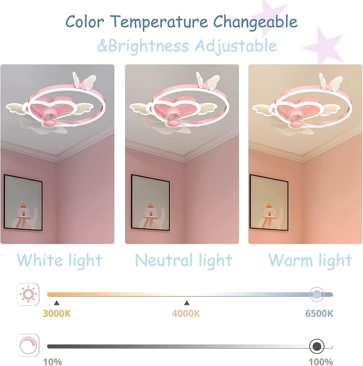 Butterfly Ceiling Fan with Light Pink Ceiling Fan with Lights for Girls Room Heart Dimmable LED Fan Light with Remote Control Kids Ceiling Fan for Bedroom, 6 Speed Reversible Fan