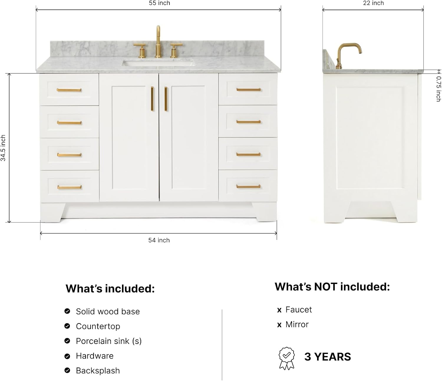 ARIEL Taylor 54-inch Bathroom Vanity with Sink,Solid Wood, 0.75-inch Italian Carrara Marble Countertop, Single Rectangular Porcelain Sink, 2 Soft Closing Doors, 9 Dovetail Drawers, White