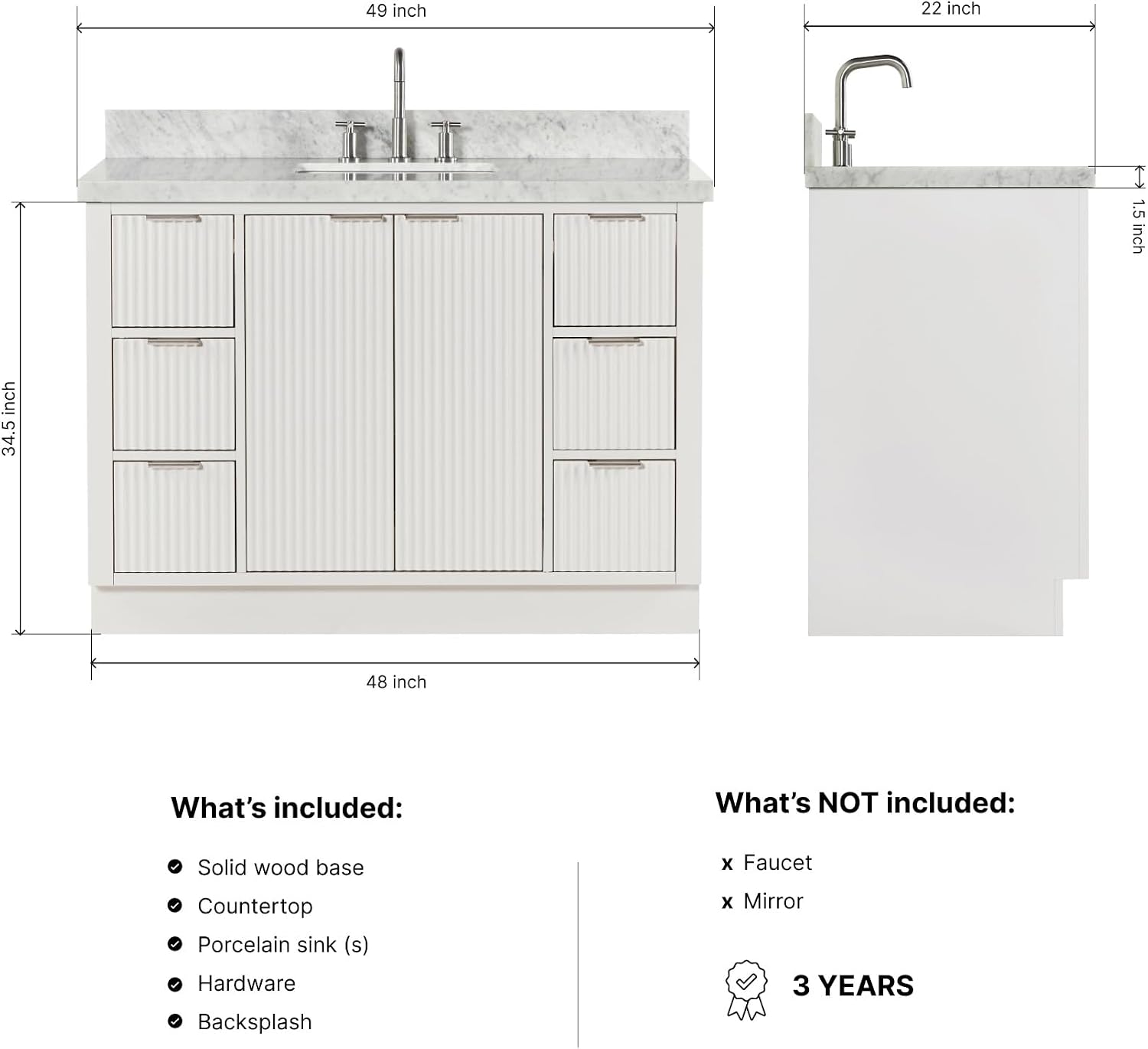 ARIEL Milan 48-inch Bathroom Vanity with Sink,Solid Wood, 1.5-inch Italian Carrara Marble Countertop, Single Rectangular Porcelain Sink, 2 Soft Closing Doors, 6 Dovetail Drawers, Warm White