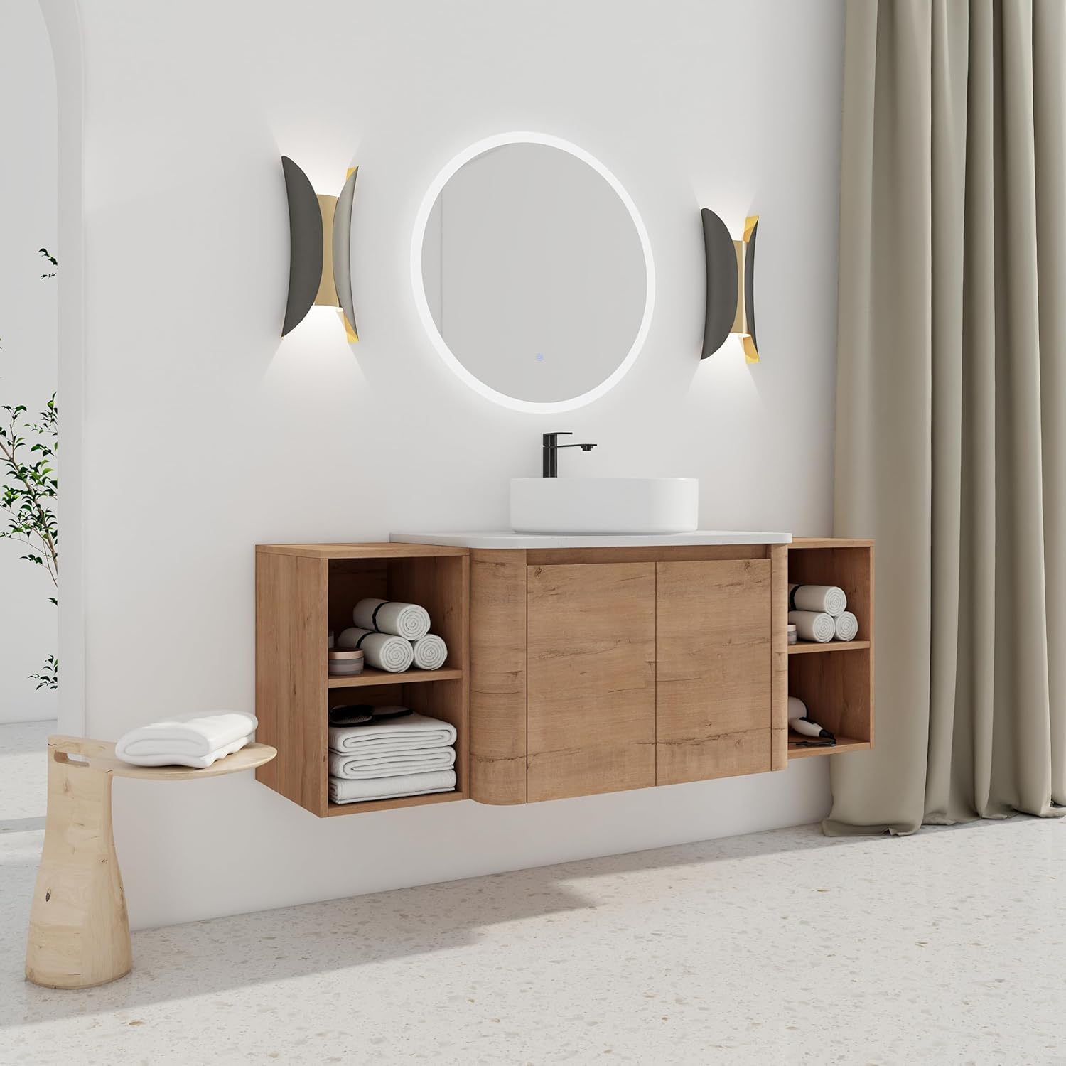 54 Inch Wall-Mounted Bathroom Vanity with Sink Combo Modern Floating Bathroom Vanitites with Round Ceramic Vessel Sink 54' Bathroom Sink Cabinet with Marble Counter Top & 2 Side Storage Shelves