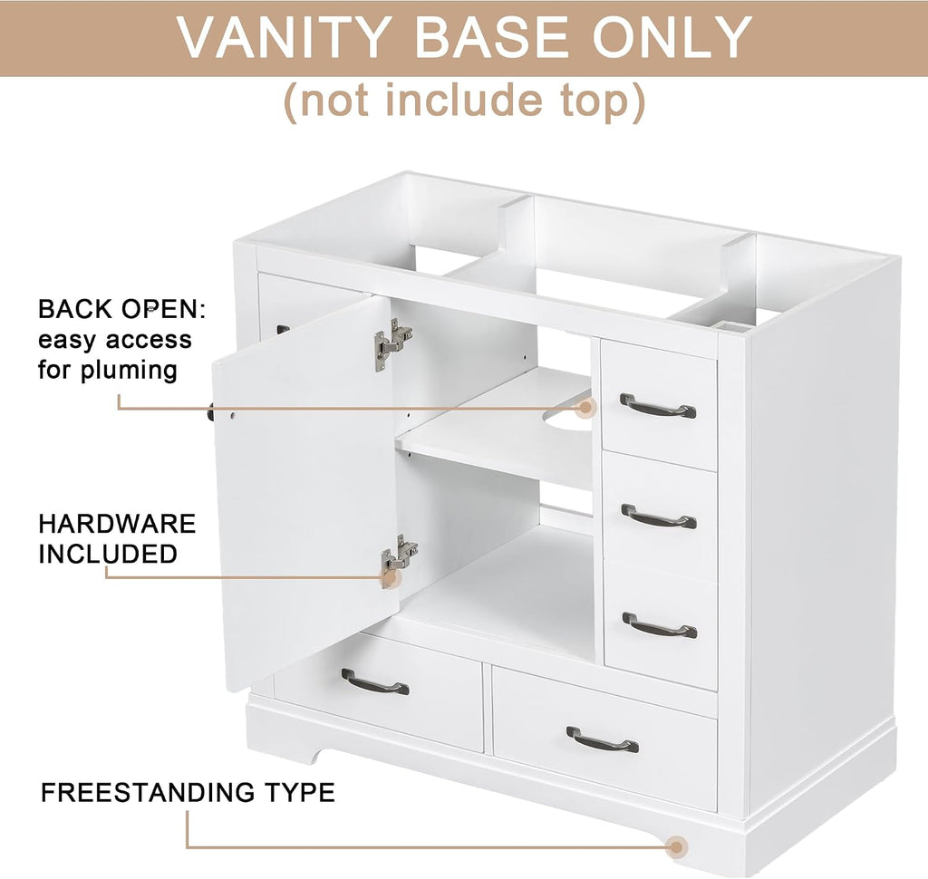 36' Bathroom Vanity Without Sink, Base Only,Six, Solid Wood Cabinets Basin Vessel Set w/Drawer Divider,Adjustable Shelf,Water, Stain Proof,White