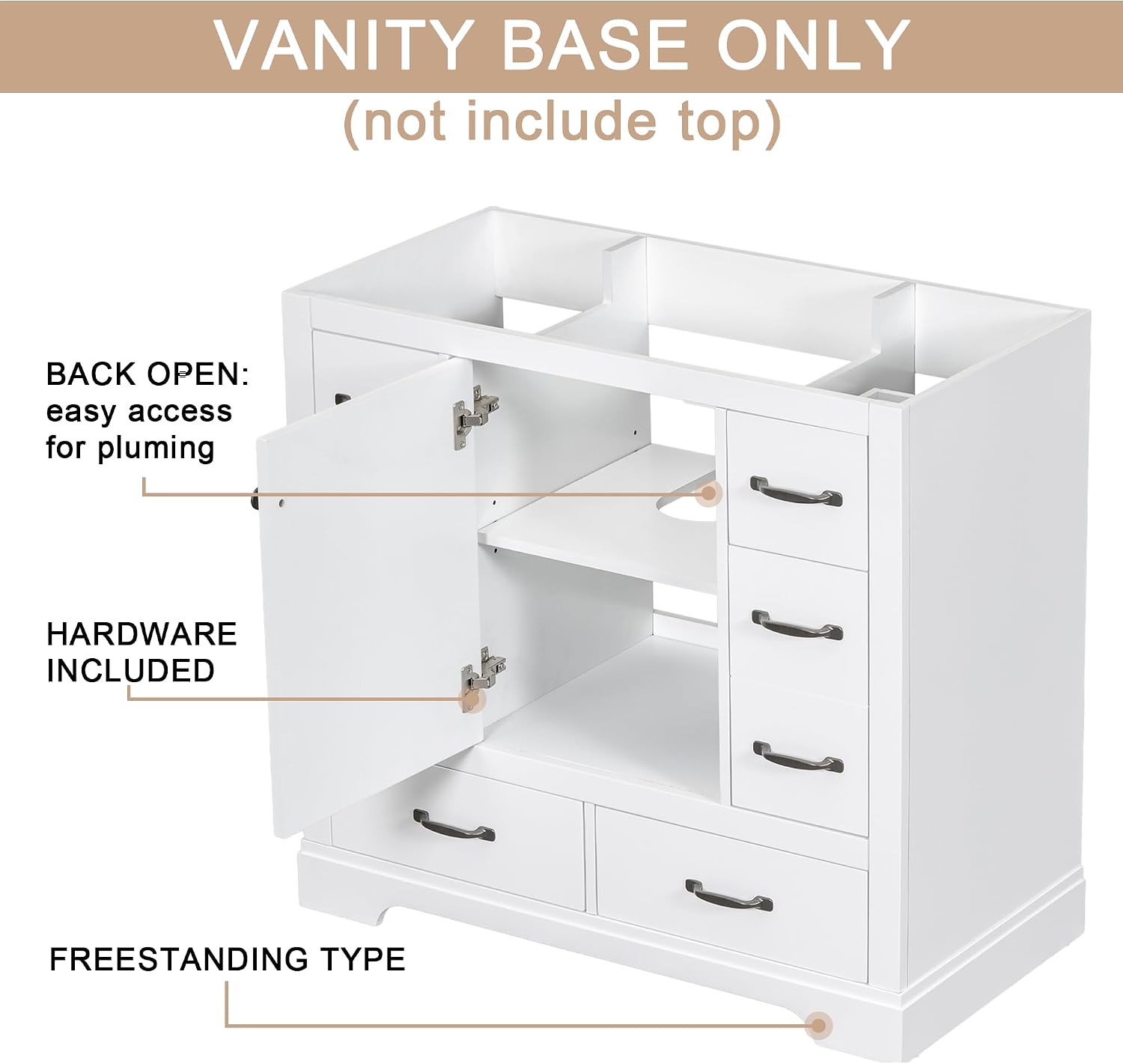 36' Bathroom Vanity Without Sink, Base Only,Six, Solid Wood Cabinets Basin Vessel Set w/Drawer Divider,Adjustable Shelf,Water, Stain Proof,White
