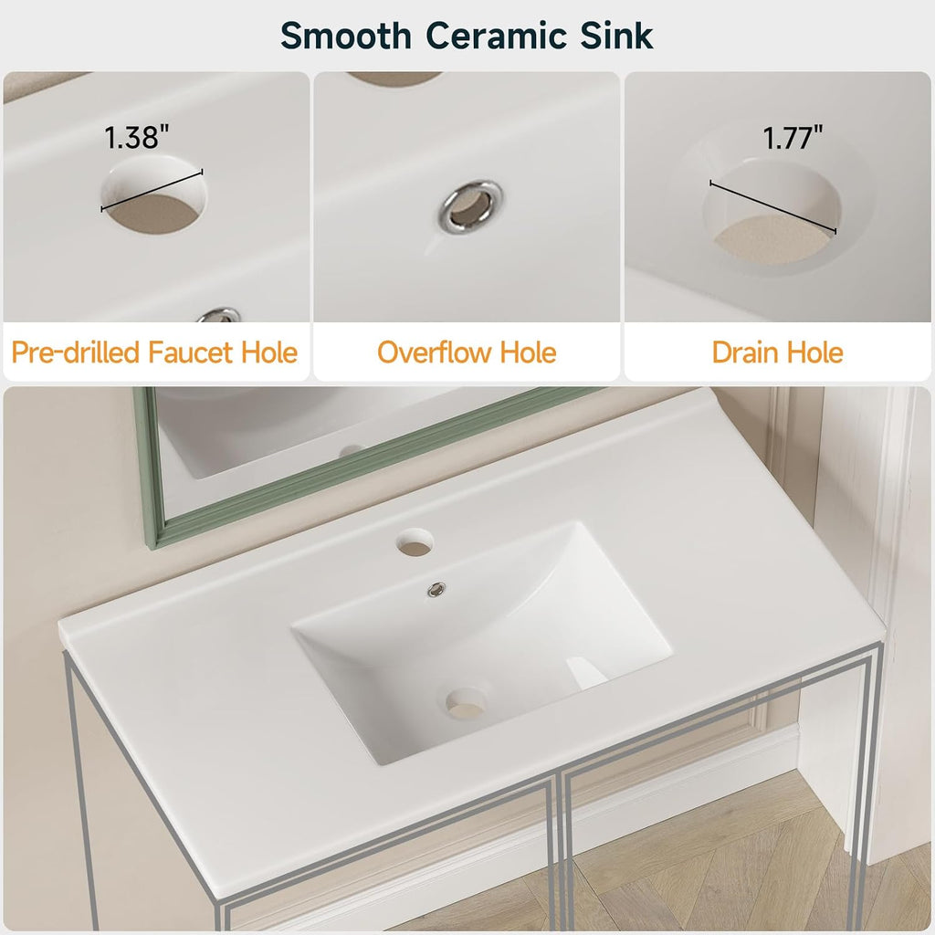 ONBRILL Bathroom Vanity with Sink Combo, Modern Bathroom Vanities with Adjustable Shelf, 4 Solid Legs, 2 Drawers, 2 Doors, Ceramic Integrated Sink, Freestanding Bath Storage Cabinet (32', White)