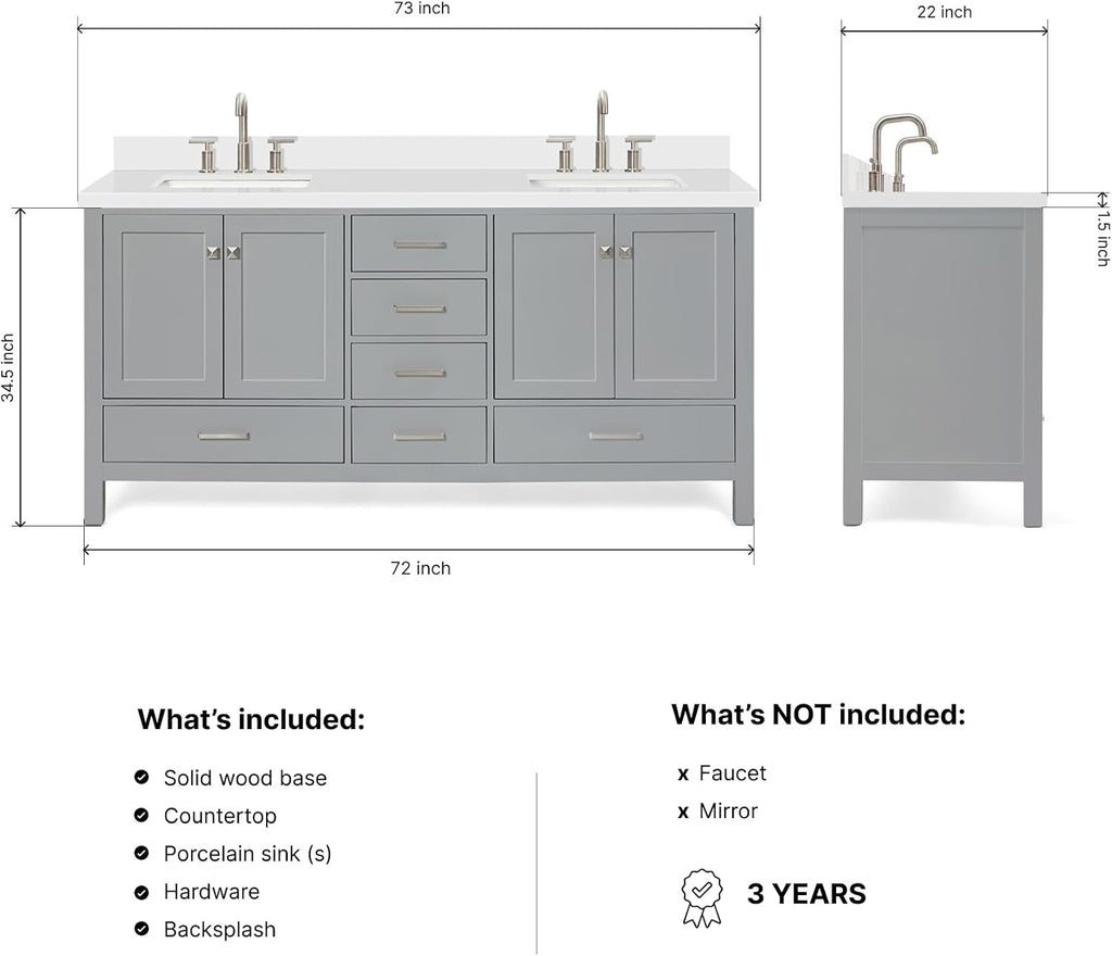 DKB Beckford 72 Inch Bathroom Vanity Double Sink — Grey Bathroom Vanity with Sink, 1.5' Edge Pure White Quartz Countertop & Backsplash, 4 Soft-Close Doors, 6 Dovetail Drawers