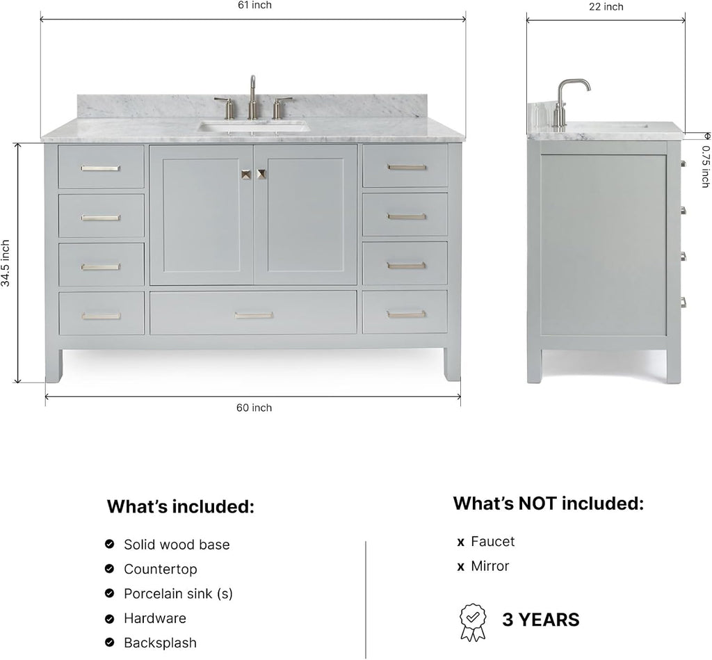 ARIEL Cambridge 60-inch Bathroom Vanity with Sink,Solid Wood, 0.75-inch Italian Carrara Marble Countertop, Single Rectangular Porcelain Sink, 2 Soft Closing Doors, 9 Dovetail Drawers, Grey