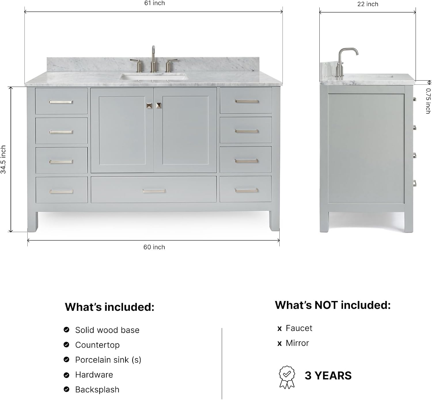ARIEL Cambridge 60-inch Bathroom Vanity with Sink,Solid Wood, 0.75-inch Italian Carrara Marble Countertop, Single Rectangular Porcelain Sink, 2 Soft Closing Doors, 9 Dovetail Drawers, Grey