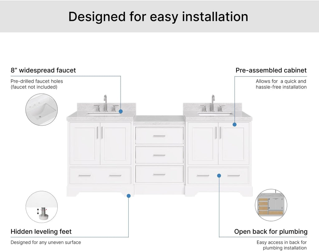 ARIEL Stafford 84-inch Bathroom Vanity with Sink,Solid Wood, 1.5in Italian Carrara Marble Countertop & Backsplash, Double Rectangular Porcelain Sink, 4 Soft Closing Doors, 5 Dovetail Drawers, White