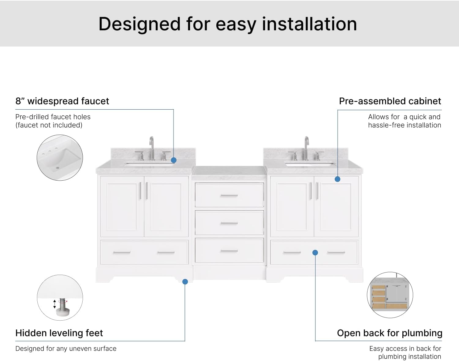 ARIEL Stafford 84-inch Bathroom Vanity with Sink,Solid Wood, 1.5in Italian Carrara Marble Countertop & Backsplash, Double Rectangular Porcelain Sink, 4 Soft Closing Doors, 5 Dovetail Drawers, White