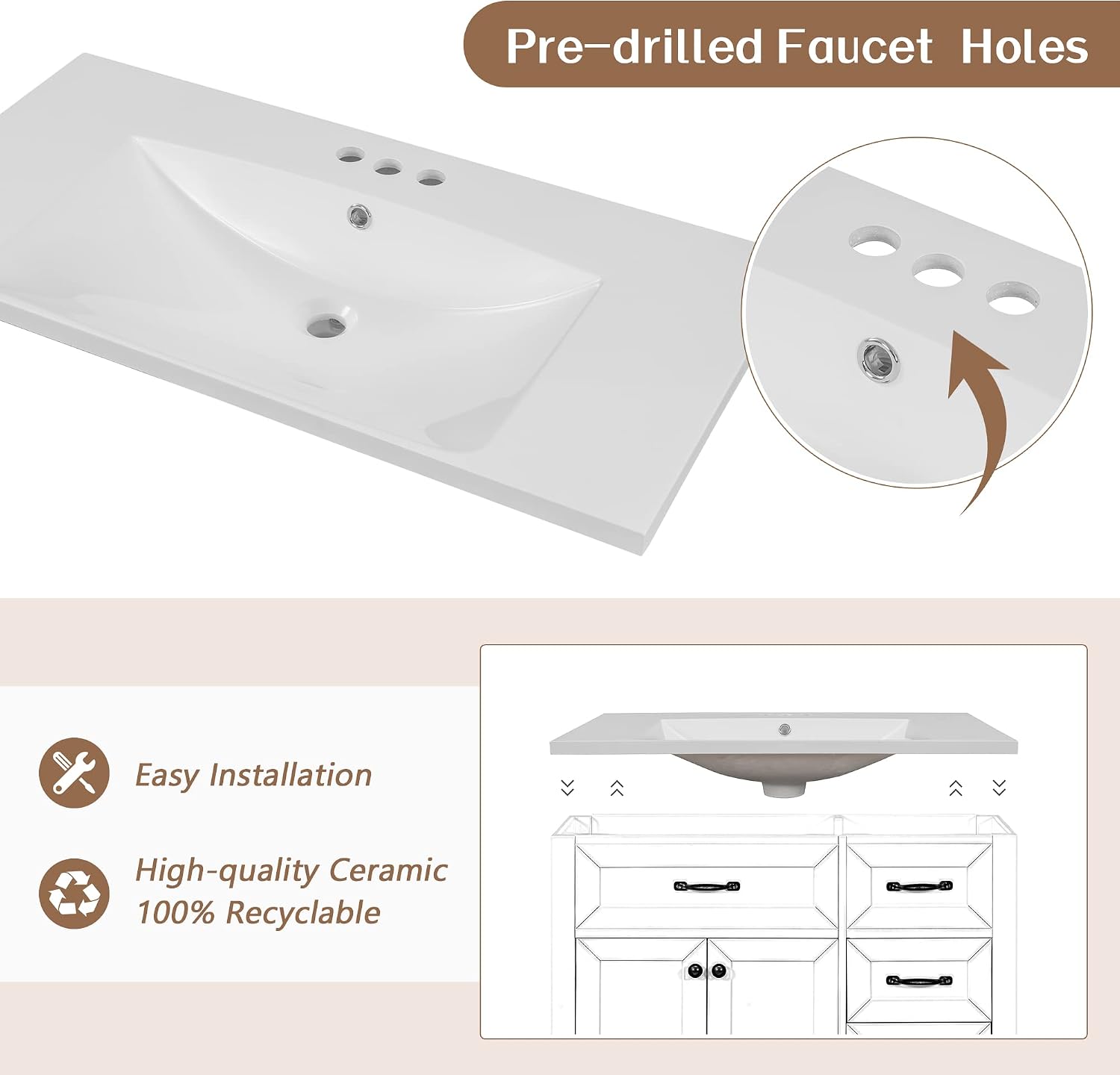 36' Vanity with Sink, Bathroom Vanity witn Sink Top, 36 Inch Single Sink Bathroom Vanty with3 Drawers and 2 Doors (White)