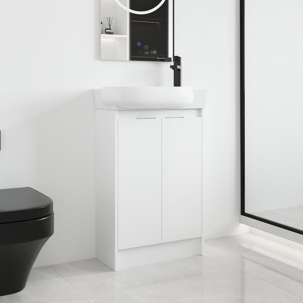 Malwee 23 Inch Freestanding Bathroom Vanity with Sink, 23'' Floor Stand Single Sink Bathroom Vanity Combo, Modern White Cabinet Set with 2 Doors and Ceramics Basin Top, Ajustable Shelf.MA02923GWH