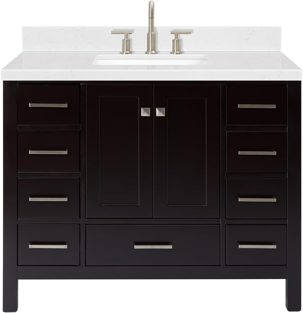 ARIEL Cambridge 42-inch Bathroom Vanity with Sink,Solid Wood, 1.5-inch Carrara White Quartz Countertop, Single Rectangular Porcelain Sink, 2 Soft Closing Doors, 9 Dovetail Drawers, Espresso