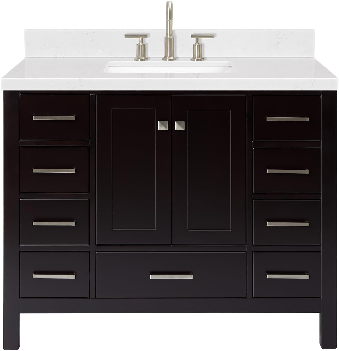 ARIEL Cambridge 42-inch Bathroom Vanity with Sink,Solid Wood, 1.5-inch Carrara White Quartz Countertop, Single Rectangular Porcelain Sink, 2 Soft Closing Doors, 9 Dovetail Drawers, Espresso