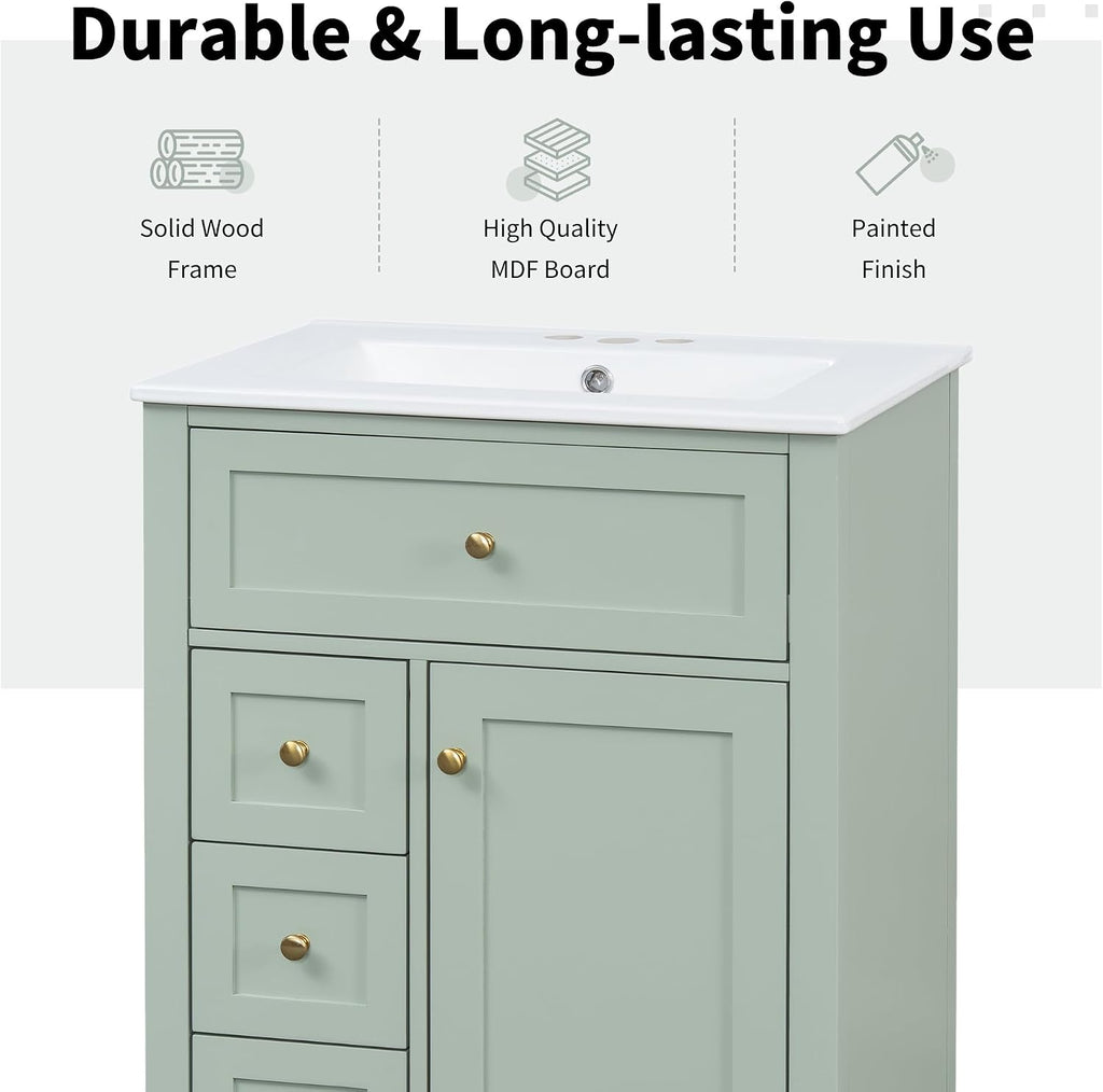 Harper & Bright Designs 24' Bathroom Vanity with Sink, Free Standing Vanity Set with 4 Drawers, Storage Racks, and Adjustable Shelf, Wood Bathroom Cabinet with Ceramic Basin for Bathroom, Green
