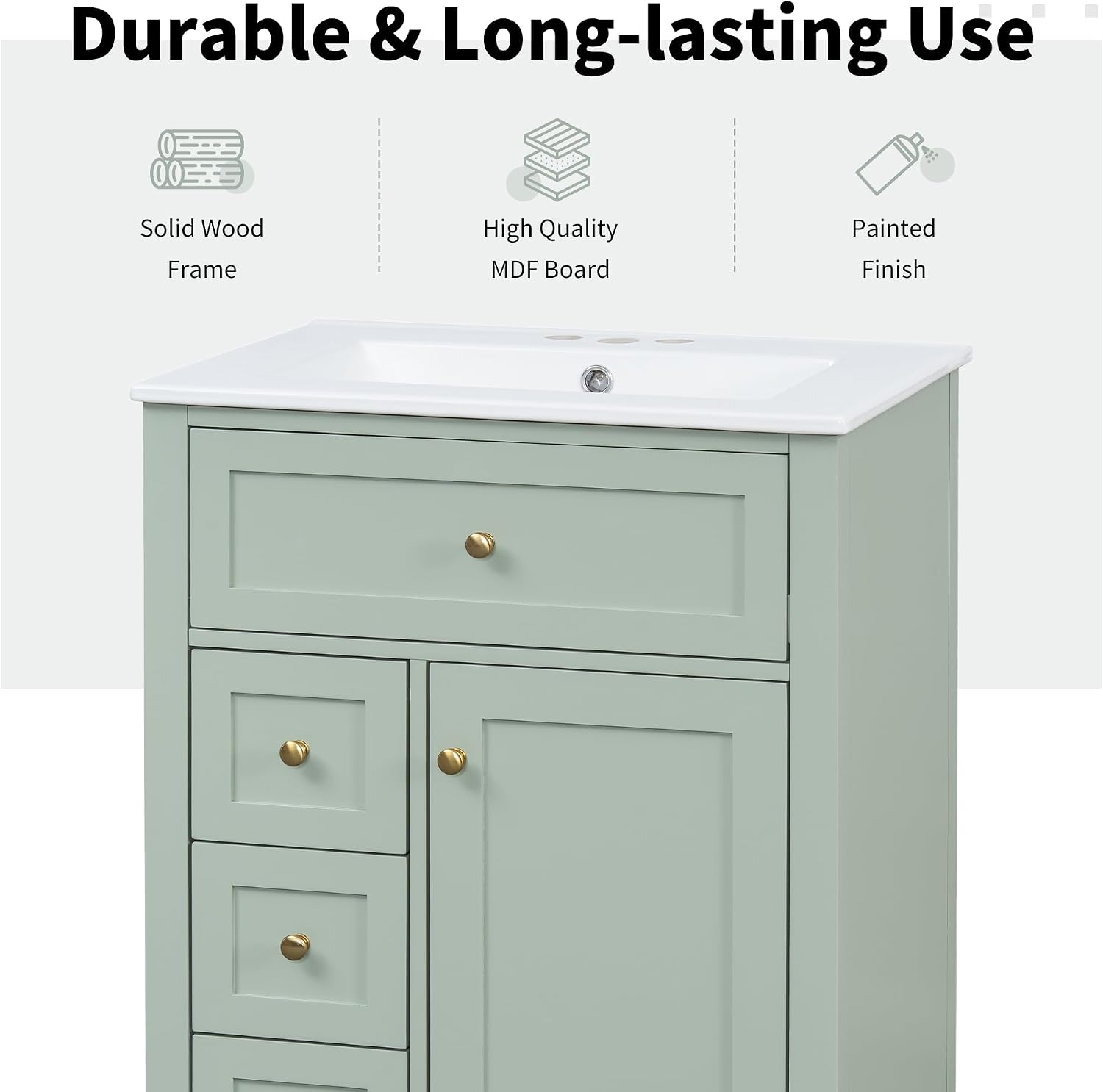Harper & Bright Designs 24' Bathroom Vanity with Sink, Free Standing Vanity Set with 4 Drawers, Storage Racks, and Adjustable Shelf, Wood Bathroom Cabinet with Ceramic Basin for Bathroom, Green