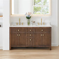 Pemberly Row 60' Wood Bathroom Vanity, Brown Brushed Oak, Fluted Doors, Grain White Engineered Stone Top, Soft-Closing Storage, Ceramic Undermount Sink, Modern Design for Bathroom Elegance