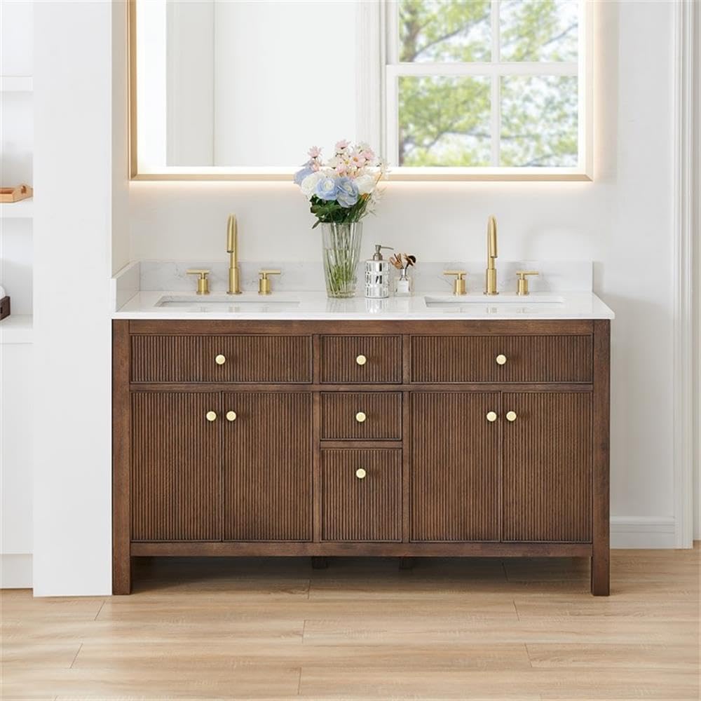 Pemberly Row 60' Wood Bathroom Vanity, Brown Brushed Oak, Fluted Doors, Grain White Engineered Stone Top, Soft-Closing Storage, Ceramic Undermount Sink, Modern Design for Bathroom Elegance