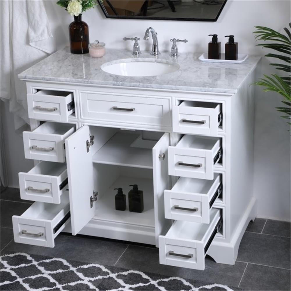 Pemberly Row Contemporary 42' Single Bathroom Vanity, Italian Carrara Marble Top, White Finish, Solid Wood and MDF Base, Porcelain Undermount Sink, Soft Close Drawers, Freestanding Vanity for