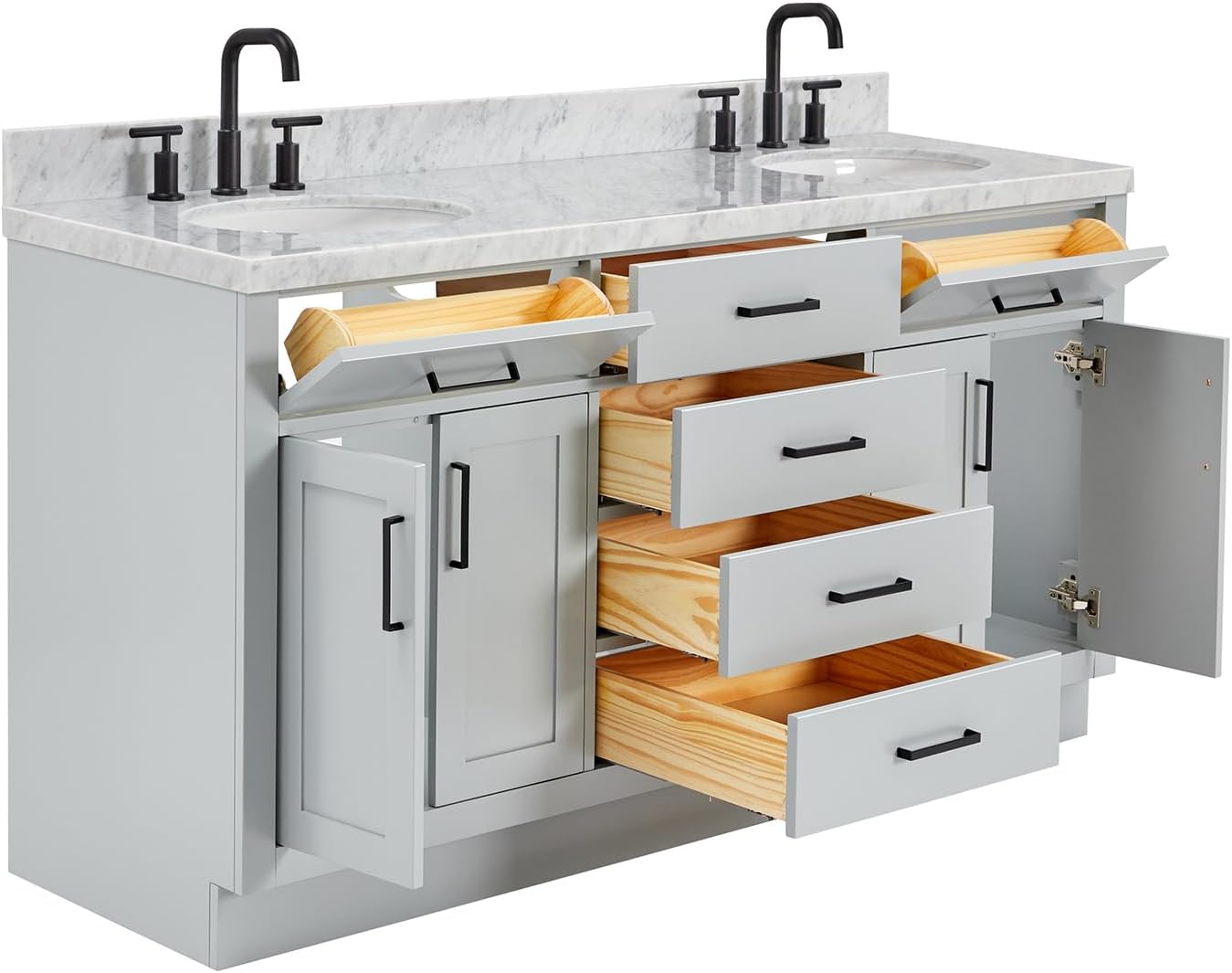 DKB Isabella 66' Grey Double Bathroom Vanity with Sink, 1.5' Edge Italian Carrara Marble Countertop, 2 Oval Undermount Sinks, 4 Soft Closing Doors, 6 Dovetail Drawers