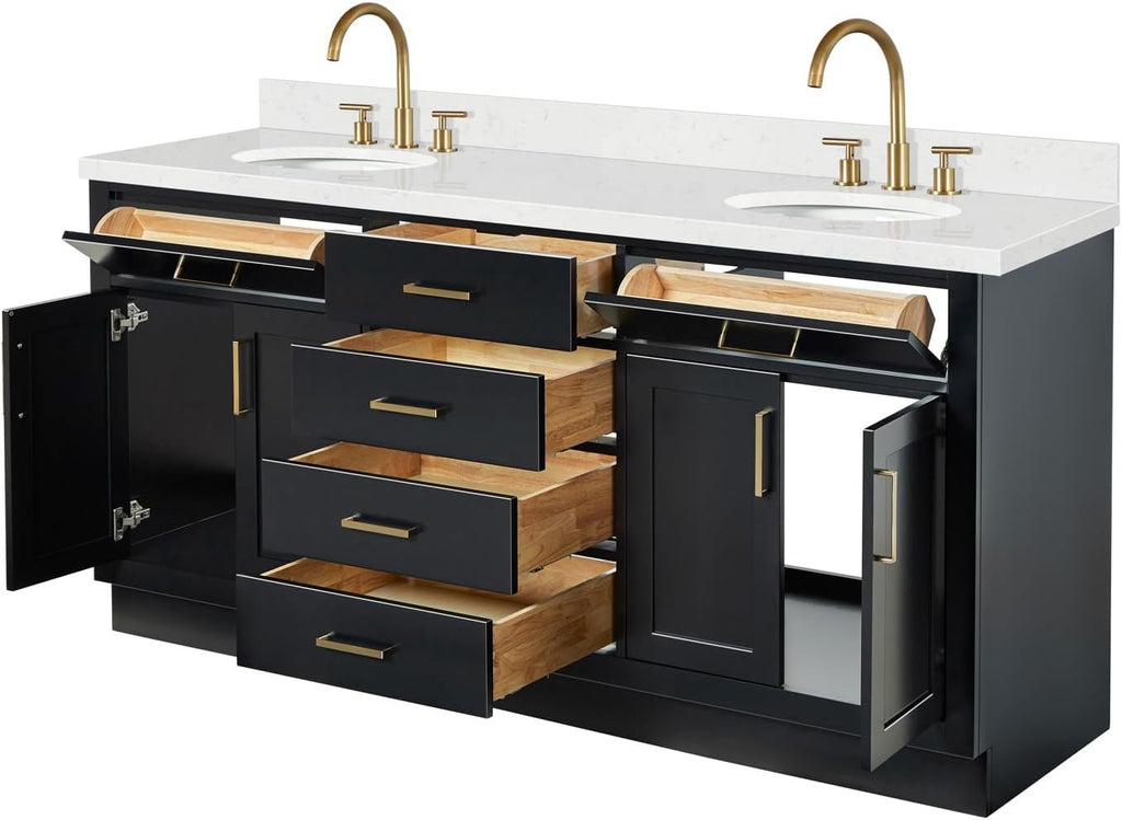 ARIEL Hepburn 72-inch Bathroom Vanity with Sink,Solid Wood, 1.5-inch Carrara White Quartz Countertop & Backsplash, Double Oval Porcelain Sink, 4 Soft Closing Doors, 6 Dovetail Drawers, Black
