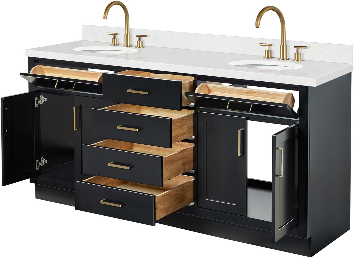 ARIEL Hepburn 72-inch Bathroom Vanity with Sink,Solid Wood, 1.5-inch Carrara White Quartz Countertop & Backsplash, Double Oval Porcelain Sink, 4 Soft Closing Doors, 6 Dovetail Drawers, Black