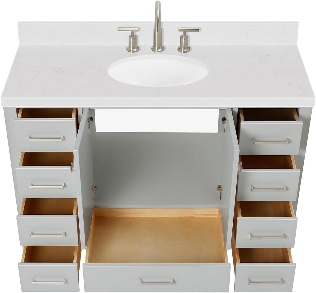 ARIEL Cambridge 48-inch Bathroom Vanity with Sink,Solid Wood, 1.5-inch Carrara White Quartz Countertop & Backsplash, Single Oval Porcelain Sink, 2 Soft Closing Doors, 9 Dovetail Drawers, Grey