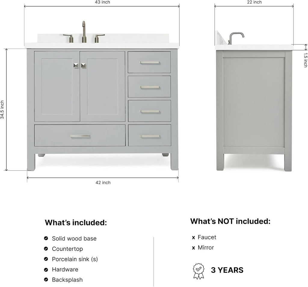 DKB Beckford 42-Inch Grey Bathroom Vanity with Sink, 1.5-Inch Pure White Quartz Countertop & Backsplash, Left Rectangular Undermount Sink, 2 Soft Closing Doors, 5 Dovetail Drawers, Brushed Nickel