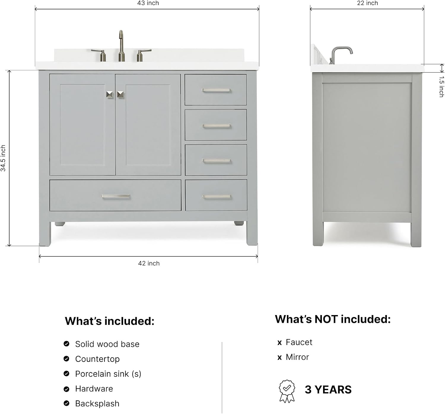 DKB Beckford 42-Inch Grey Bathroom Vanity with Sink, 1.5-Inch Pure White Quartz Countertop & Backsplash, Left Rectangular Undermount Sink, 2 Soft Closing Doors, 5 Dovetail Drawers, Brushed Nickel