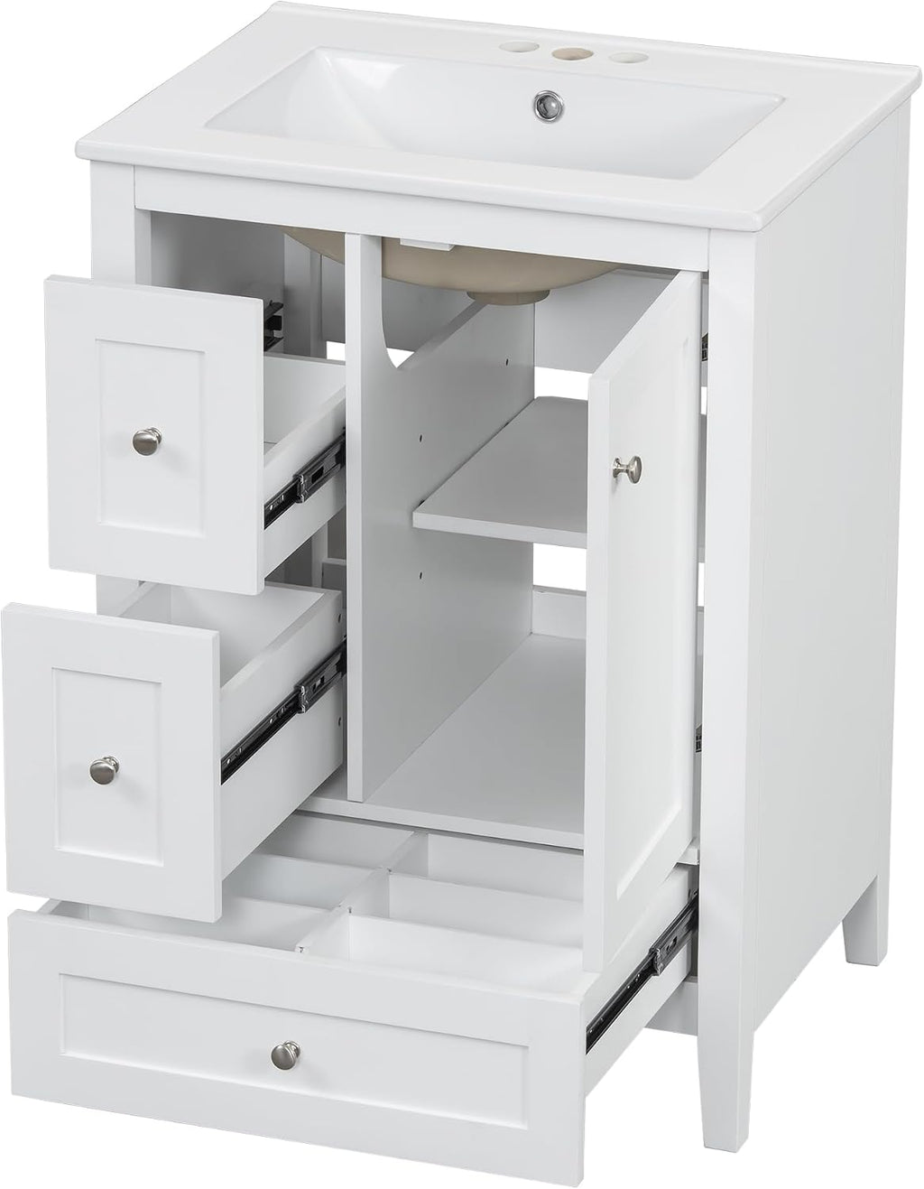 Harper & Bright Designs 24' Bathroom Vanity with Sink, Free Standing Vanity Set with 2 Drawers, Removable Dividers, and Adjustable Shelf, Wood Bathroom Cabinet with Ceramic Basin for Bathroom, White