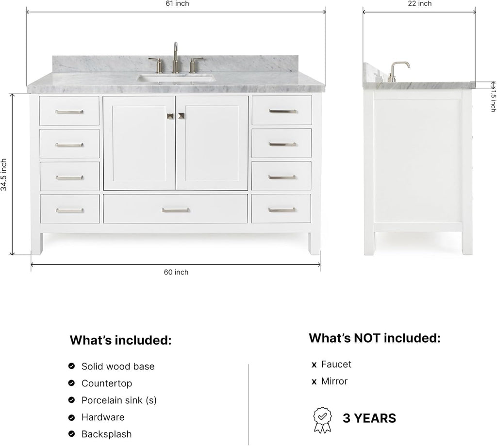 ARIEL Cambridge 60-inch Bathroom Vanity with Sink,Solid Wood, 1.5-inch Italian Carrara Marble Countertop, Single Rectangular Porcelain Sink, 2 Soft Closing Doors, 9 Dovetail Drawers, White