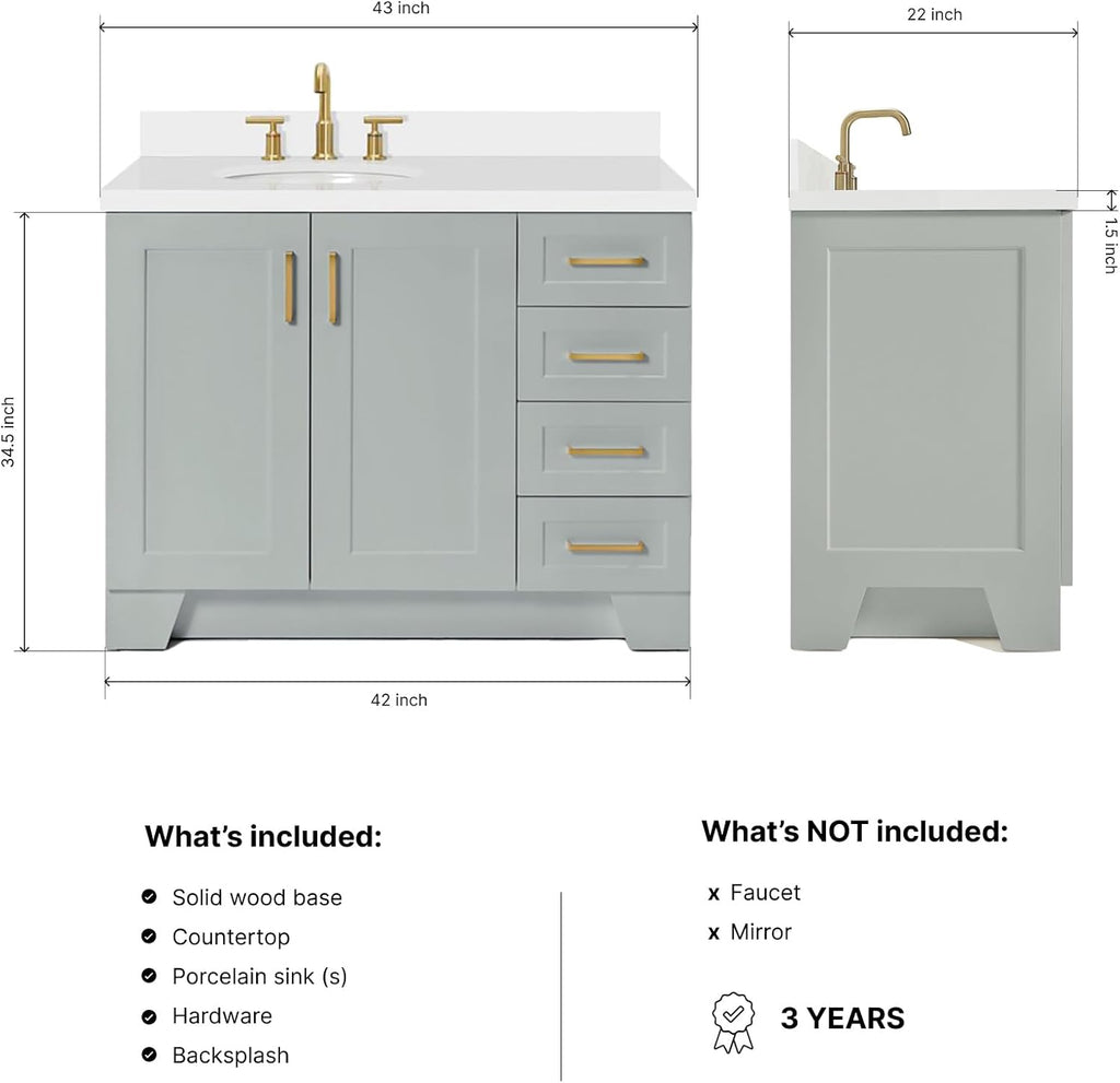 ARIEL Taylor 42-inch Bathroom Vanity with Sink,Solid Wood, 1.5-inch Pure White Quartz Countertop & Backsplash, Single Oval Porcelain Sink, 2 Soft Closing Doors, 5 Dovetail Drawers, Grey