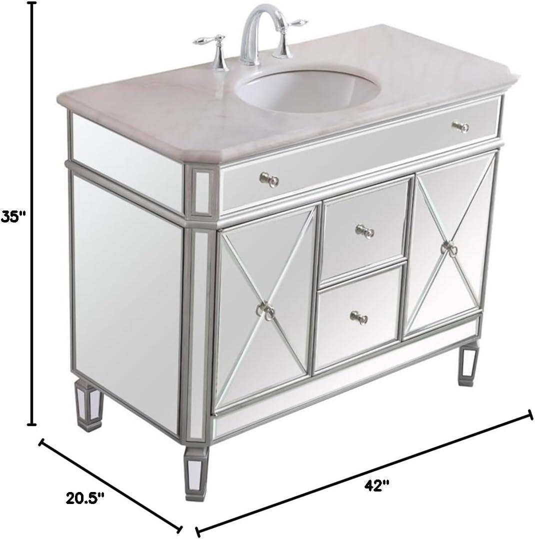 Pemberly Row 42' Marble Top Mirrored Bathroom Vanity, Antique Silver Finish, Rubberwood and MDF Base, Carrara White Marble Countertop, Porcelain Sink, Soft Close Drawers, 2 Doors, Free-Standing Design