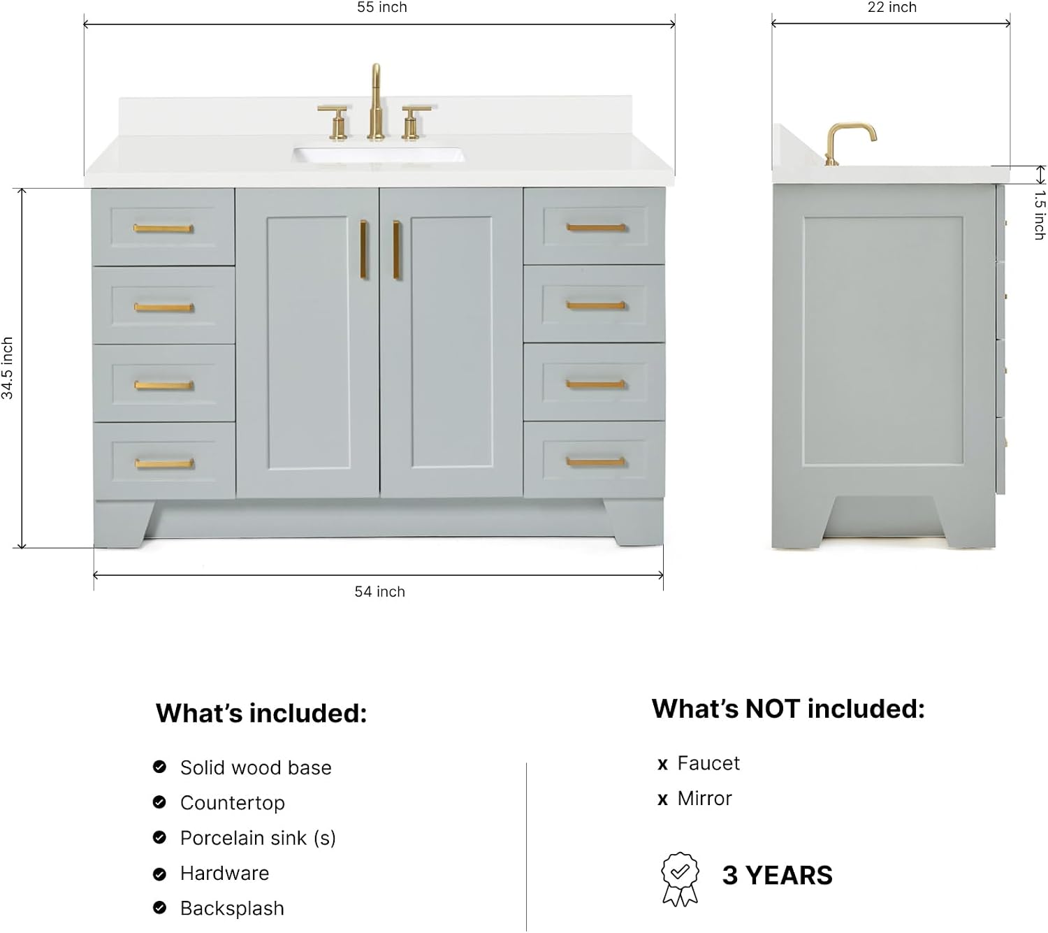 ARIEL Taylor 54-inch Bathroom Vanity with Sink,Solid Wood, 1.5-inch Pure White Quartz Countertop & Backsplash, Single Rectangular Porcelain Sink, 2 Soft Closing Doors, 9 Dovetail Drawers, Grey
