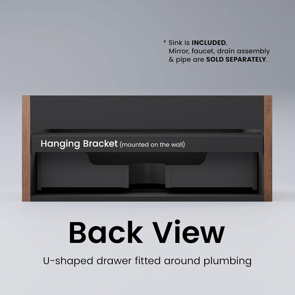 36' Bathroom Vanity with Sink, Modern Floating Vanity with Push Open Soft Close Drawer, Large Storage for Bathroom, Hotel, Walnut, Fully Assembled - Camellia Collection
