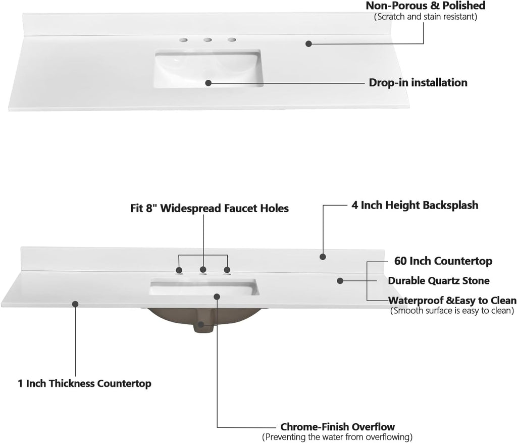 60'x22' Vanity Sink Top, Solid White Quartz Stone Vanity Top Single Bowl Sink 8 Inch Faucet Hole Spacing with Backsplash Countertops for Bathroom