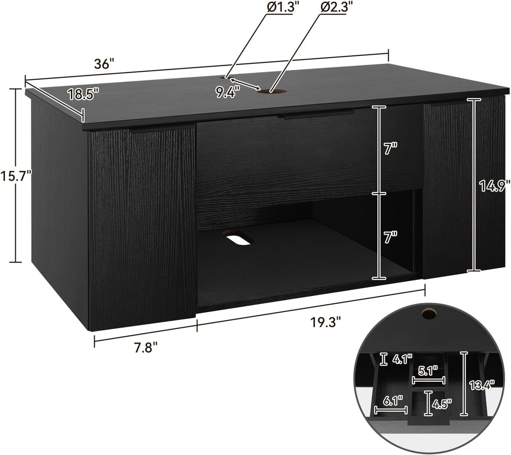 36 Inch Black Floating Bathroom Vanity with 2-Doors and 1-Drawer, Modern Wall Mounted Cabinet with Black and White Boat Ceramic Vessel Sink