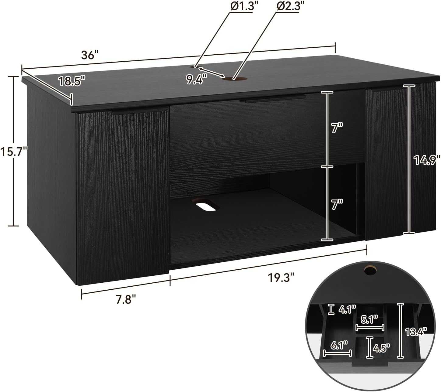 36 Inch Black Floating Bathroom Vanity with 2-Doors and 1-Drawer, Modern Wall Mounted Cabinet with Blue Boat Vessel Sink Top